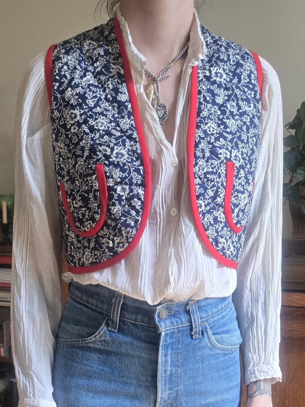 Navy Floral Quilted Vest with Red Trim